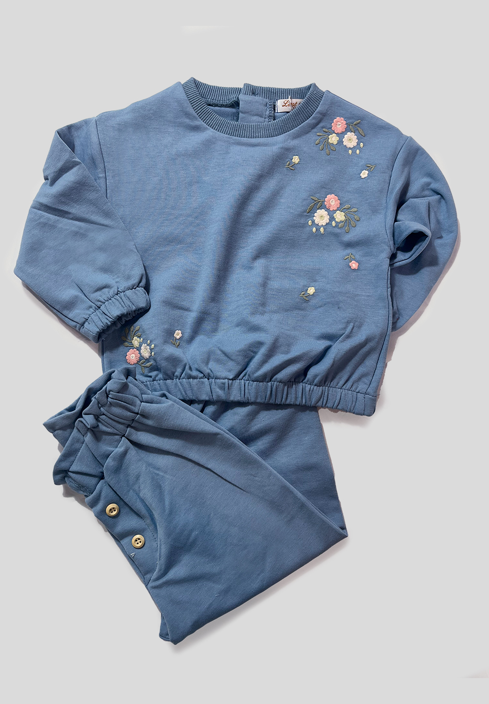 Completo bambina felpa e pantaloni con ricami floreali